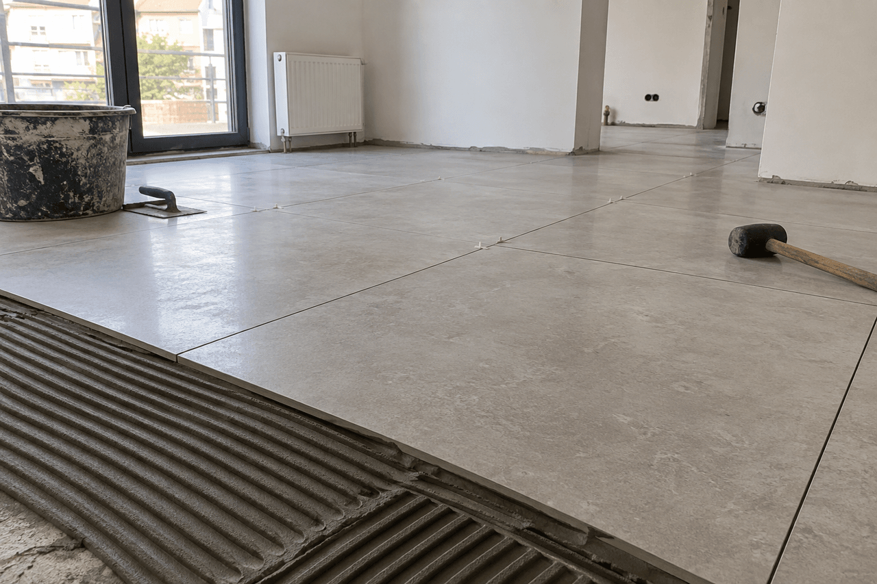 Montaj de gresie de format mare în timpul lucrării