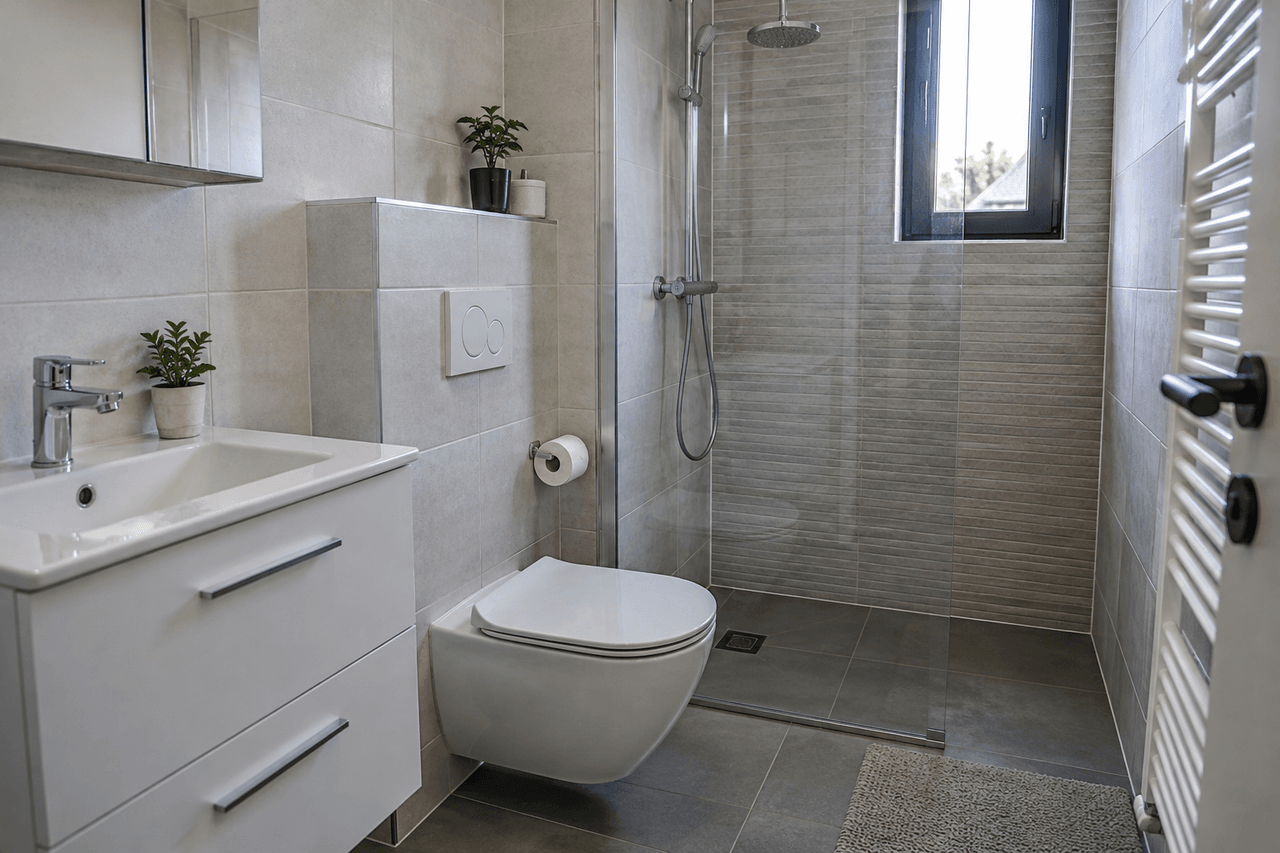 Baie finalizată cu obiecte sanitare montate